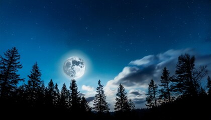 Naklejka premium Artistic Processing Of A Photo Of A Night Landscape Silhouette Of A Pine Forest Sky With Clouds And The Moon Place For The Text