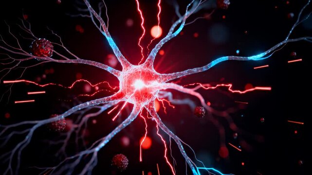 Active neuron transmitting electrical signals with glowing synapses and neural connections in brain network.