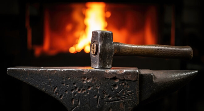 A blacksmith's hammer resting on a weathered anvil with a fiery forge in the background