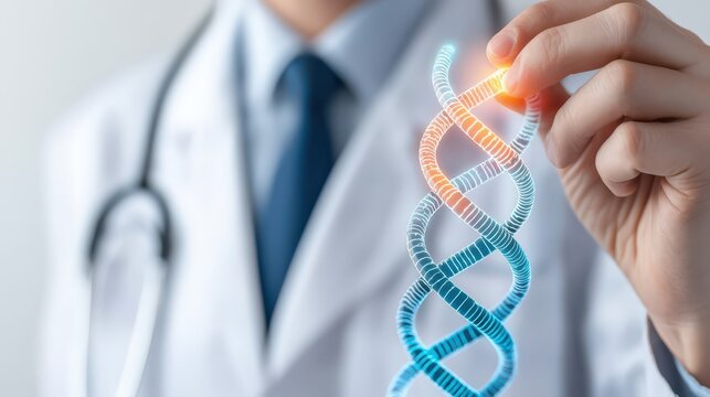 A doctor holds a glowing DNA double helix, symbolizing advancements in genetics and personalized medicine.