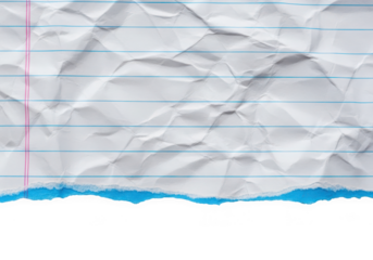 Crumpled torn lined paper blue lines red margin, isolated on transparent background