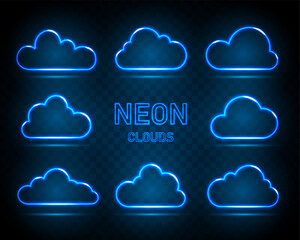 A set of eight neon digital cloud icon on a black and blue background. Visualization of data transmission over a network. Vector EPS 10.