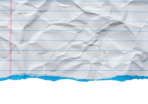 Crumpled torn lined paper blue lines red margin, isolated on transparent background