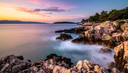 Coastal Serenity - Rocky Shoreline at Sunset in Croatia.