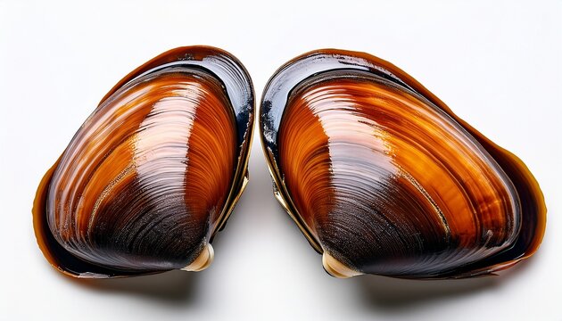 Two Wild Freshwater Dark Brown Mussels Isolated On White Background Painter S Mussel Unio Pictogrum Is European Large Bivalve Mollusk