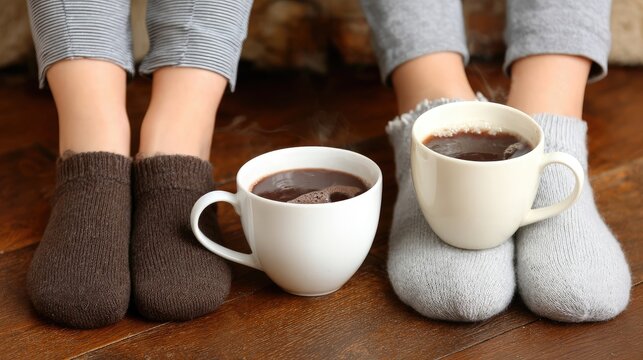 Two pairs of feet in soft socks rest on a wooden floor while holding steaming cups filled with a warm drink, creating a cozy atmosphere