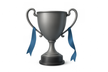 Silver trophy cup with blue ribbons representing second place achievement, competition, winning, and success