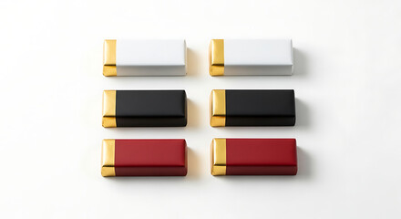 Six luxury chocolate bars with gold foil ends, arranged in two columns on a white background