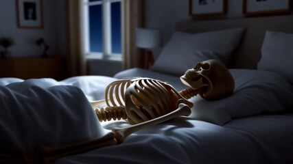 Get Spooked with this Animated Skeleton Resting in Bed Under the Moonlight, Perfect for Halloween Promotions and Supernatural Themes in Your Next Digital Campaign