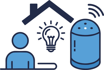 Smart home concept cartoon illustration, symbolic user interaction and expressive voice assistant artwork for design and technology
