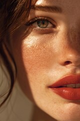 Naklejka premium Woman's face close up, focusing on textured skin with freckles, vibrant green eye, and bold red lips
