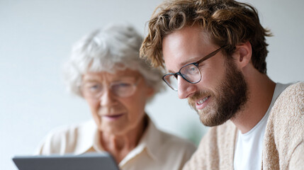 Warm image of intergenerational connection, featuring a senior woman and younger man using a tablet. Represents guidance, support, technology adoption, and family bonds.