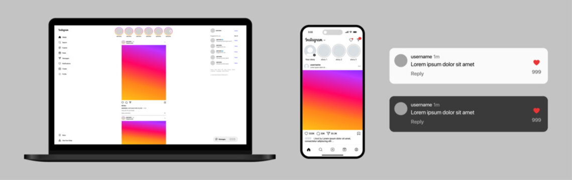 Instagram post home feed UI in dark and light mode across mobile, laptop, and desktop showing profile photo, image, caption, like, comment, share, and modern social layout vector illustration
