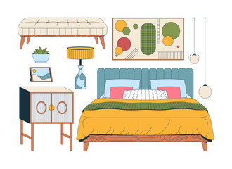 Modern cozy bedroom interior 2D cartoon objects set. Eclectic upholstered bed, bedding, hanging lamps, cabinet isolated elements flat vector clip arts on white. Spot illustrations collection