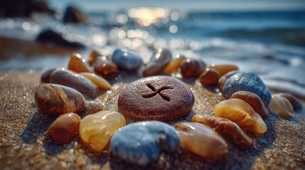 Zen meditation stones arranged in circle on sandy beach with gentle ocean waves and sunlit bokeh background