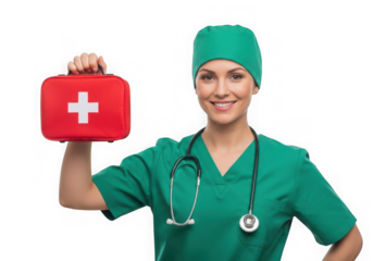 Nurse holding a first aid kit isolated on transparent background