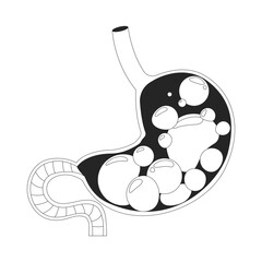 Gassy and bloated stomach with gas bubbles outline illustration. Digestive health. Indigestion symptom. Human organ cross-section 2D line object isolated on white. Monochrome vector ink linear image