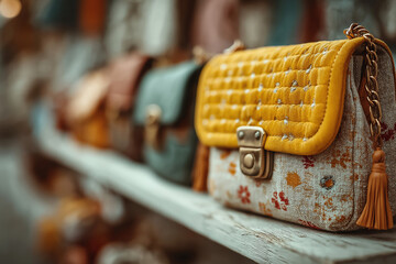 Vitrine élégante présentant des sacs en cuir colorés dans une boutique de mode moderne et lumineuse
