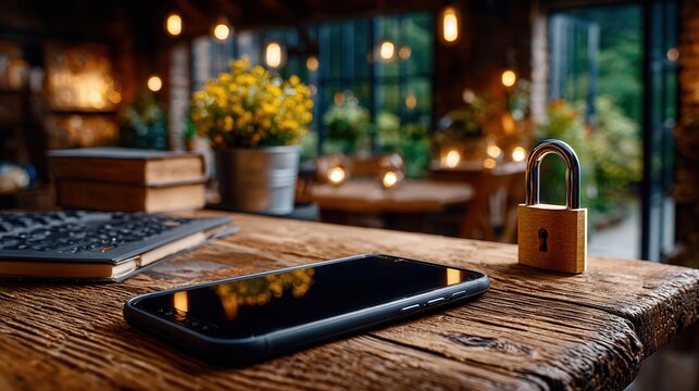 Secure your digital life with this powerful padlock and smartphone on a rustic wooden desk, symbolizing data protection and personal safety in a cozy, dimly lit environment.