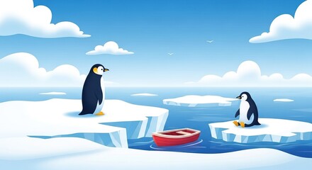 Two penguins on ice floes in the arctic ocean, with a red boat floating between them under a blue sky with clouds