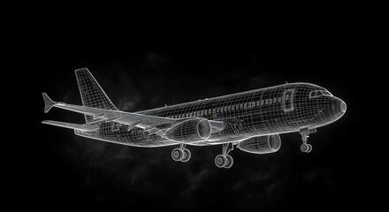 Wireframe airliner with extended landing gear on black background, glowing 3D CAD model symbolizing aerospace engineering, aviation design, and technology.