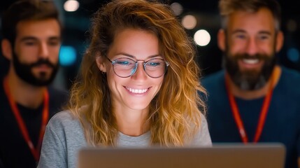 Radiant businesswoman with glasses beams with joy while collaborating on a project with colleagues in a modern office setting