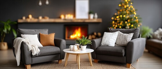 Fototapeta premium A cozy space features a decorated Christmas tree and warm fireplace, creating a festive ambiance for the holidays
