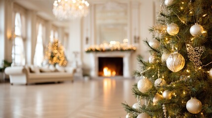 A cozy space features a decorated Christmas tree and warm fireplace, creating a festive ambiance for the holidays