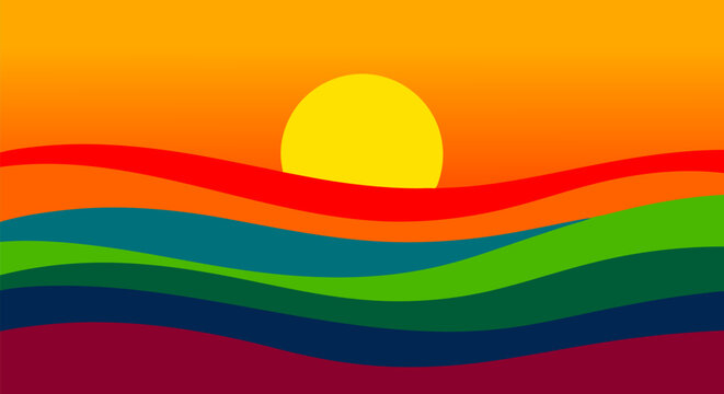 Vibrant abstract sunrise or sunset over a stylized landscape featuring rolling hills with wavy, colorful gradient stripes
