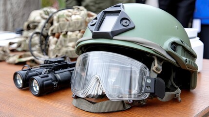 A table displays various military gear, including a helmet, goggles, and night vision binoculars during a demonstration