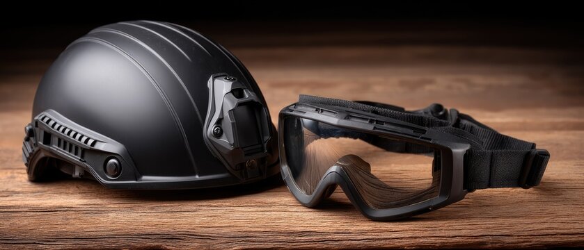 A table displays various military gear, including a helmet, goggles, and night vision binoculars during a demonstration - Powered by Adobe