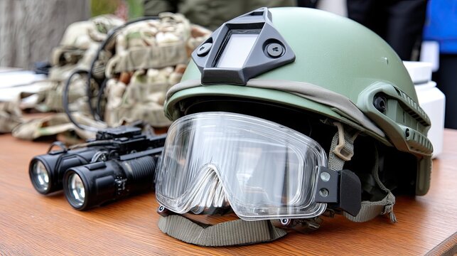 A table displays various military gear, including a helmet, goggles, and night vision binoculars during a demonstration