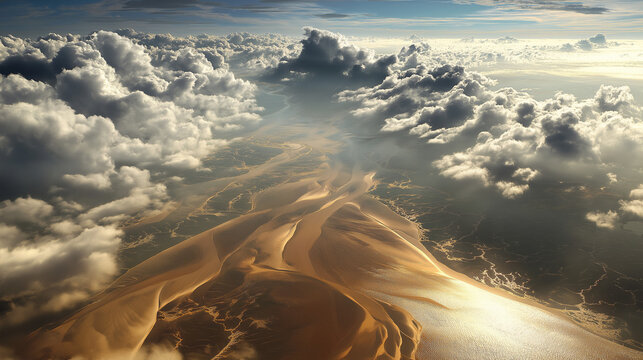 Aerial view of golden desert dunes with dramatic clouds