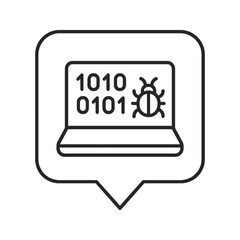 Minimalist line vector of a computer showing code and a bug in square pin shape, representing hacking simulation, digital threat, and system inspection.