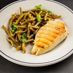 Chicken breast and green beans grilled chicken meat natural product tasty snack fresh delicious gourmet food background on the table rustic top view copy space keto and paleo diet