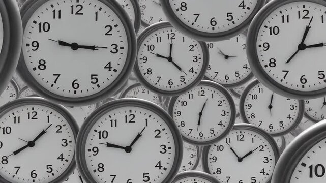 Seamless Loop of Multiple Analog Clocks with Moving Hands Symbolizing Time Passage and Urgency