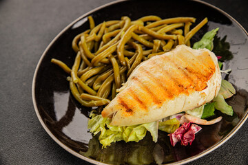 Chicken breast and green beans grilled chicken meat natural product tasty snack fresh delicious gourmet food background on the table rustic top view copy space keto and paleo diet