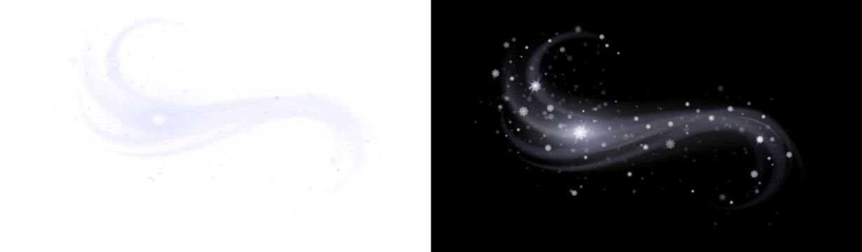Winter wind swirl, snow blizzard, magic snowflake overlay. PNG for transparent design, adding cold, Christmas, or fantasy magic effect.