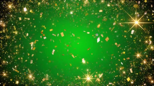 Falling Gold Confetti and Sparkling Glitter on Green Background, Festive Celebration Loop