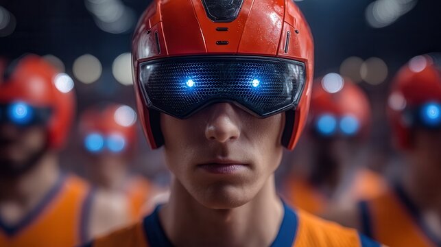 Intense futuristic athlete in red helmet with glowing blue visor stares ahead, ready for competition, team in background