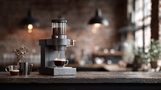 Elegant coffee brewing scene. Stylish espresso machine pouring into a clear glass, rustic backdrop. Appeals to cafe culture, home barista, and design themes.