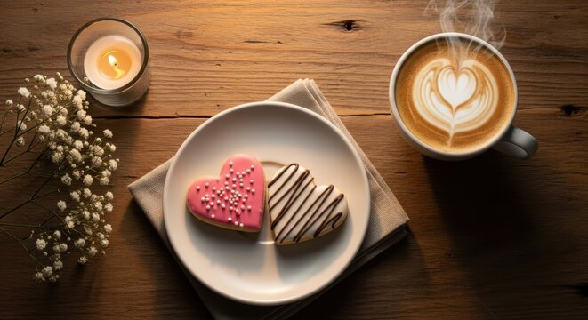 Heart shaped cookies with coffee and candle for a romantic moment - Powered by Adobe