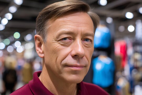 Middle-aged Caucasian store employee poses confidently among athletic apparel, promoting an inviting and energetic shopping experience.