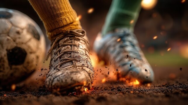 Dynamic close up of soccer player's cleats kicking dirt and sparks, capturing intense game action and athletic passion with a dramatic, fiery atmosphere