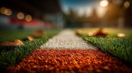 Vibrant soccer field details with autumn leaves and golden hour glow capture the spirit of sport and nature's beauty
