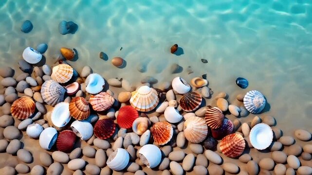 Aerial view of seashells and pebbles on sandy beach with turquoise water.