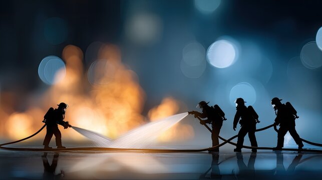 Silhouettes of firefighters using hoses to extinguish flames on a building while smoke and sparks fill the air