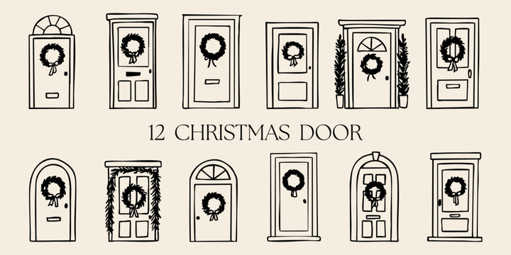 Set of 12 hand drawn Christmas doors decorated with wreaths and garlands. Minimal black line art on beige background. Perfect for holiday illustrations and decor