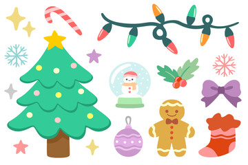 Cute Christmas Clipart Set | Tree, Candy Cane, Gingerbread, Ornaments, Snowflakes
