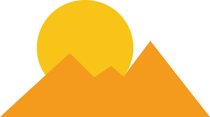 Minimalist geometric illustration of pyramids or mountains with a large orange sun setting or rising in the background flat design icon vector art
